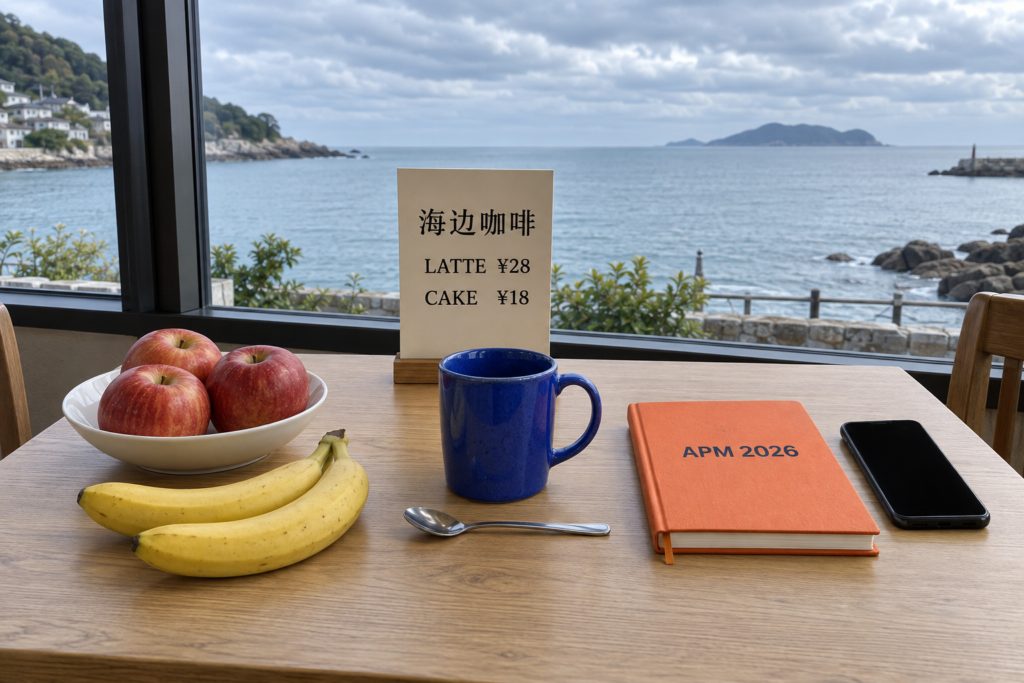 测试图片：窗边桌面上的水果、蓝杯、菜单、笔记本和手机